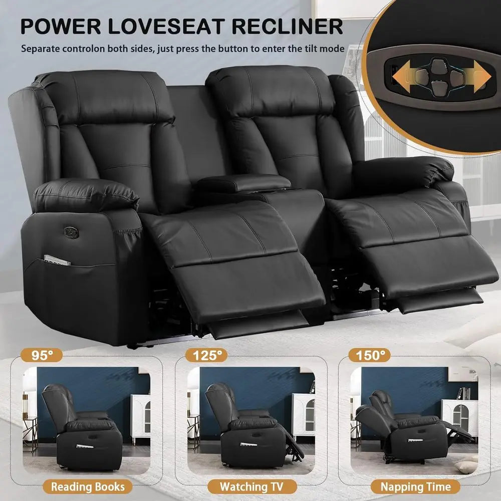 66 Power Reclining Loveseat Sofa with Home Theater Features, USB/Type-C Ports, Storage, Cup Holders, and LED Lights for RVs and