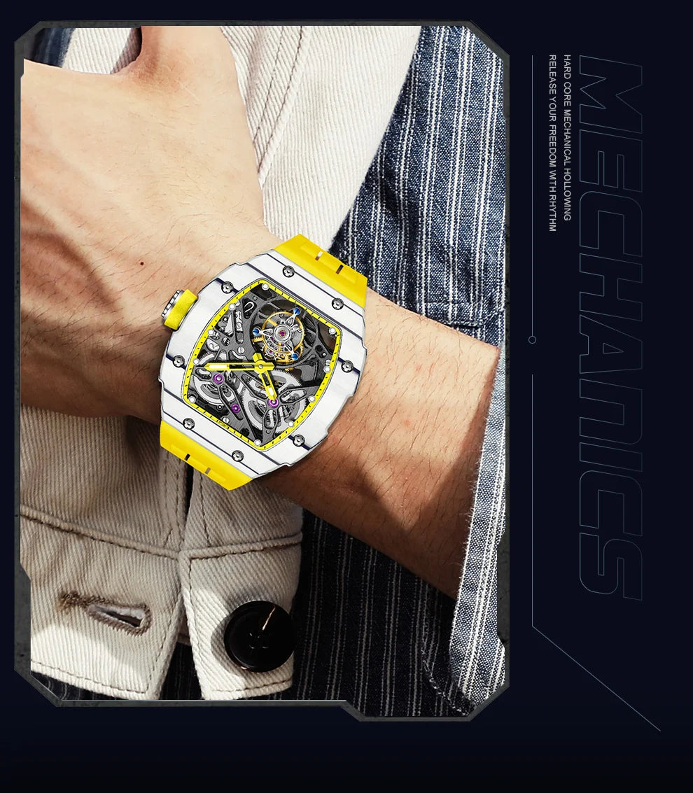 Haofa Automatic Tourbillon Watch Men Carbon Fiber Hollow Movement Luminous Sapphire Crystal Mechanical Man Watches Luxury 1901-1