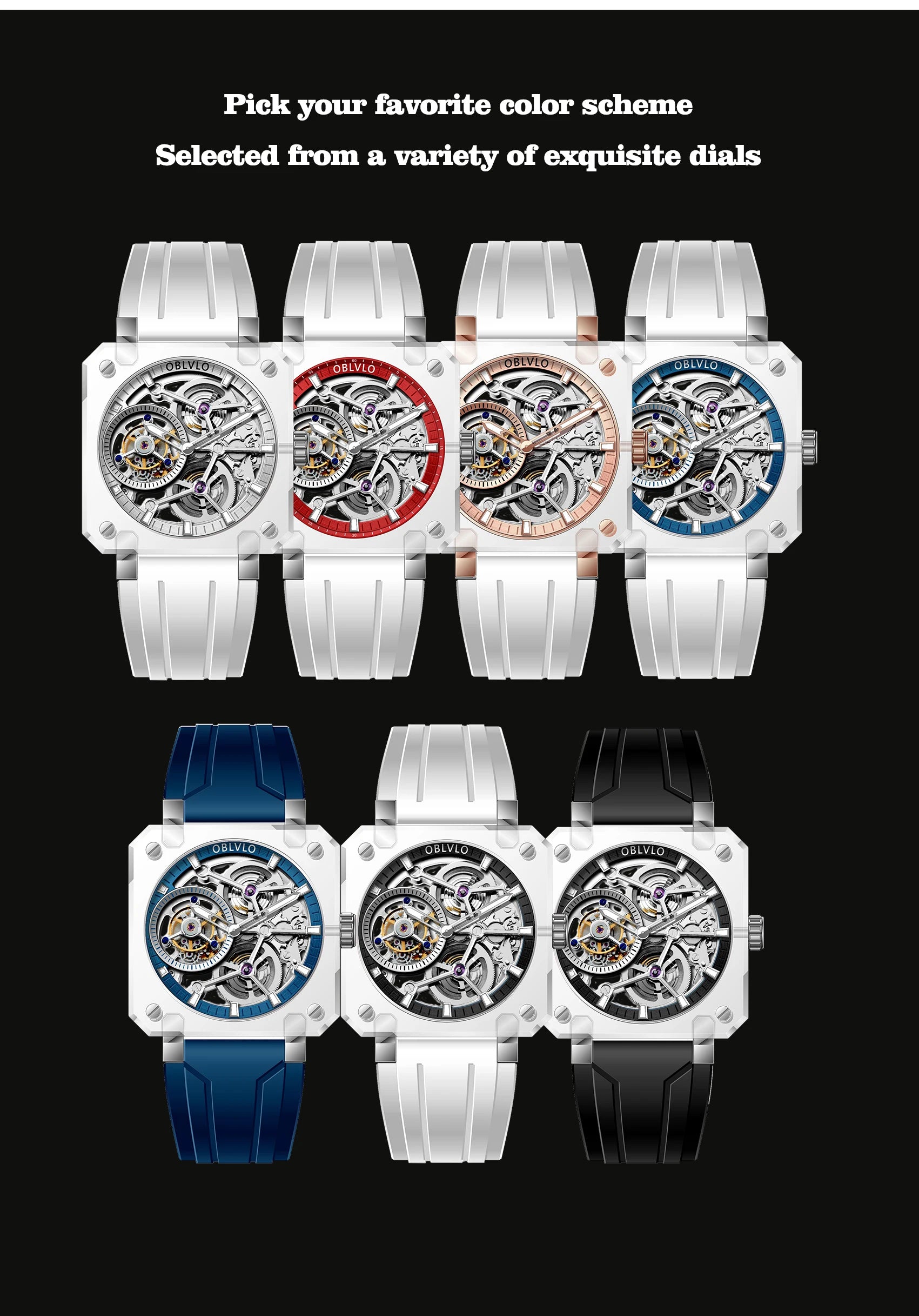 OBLVLO Men's Blue Skeleton Dial Tourbillon Automatic Watch Transparent Square Analog Display And Hollow-out Design BR-TB