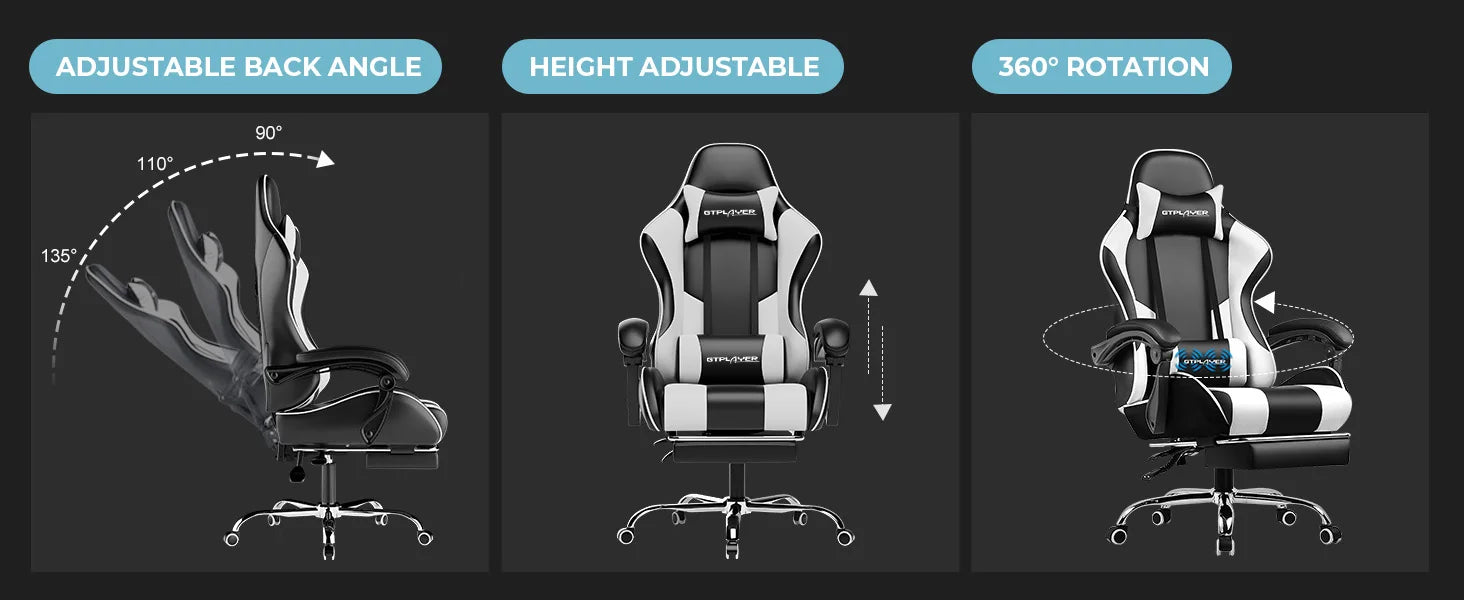 GTPLAYER Gaming Chair with Footrest Lumbar Support 360 Swivel Height Adjustable Computer Game Chair