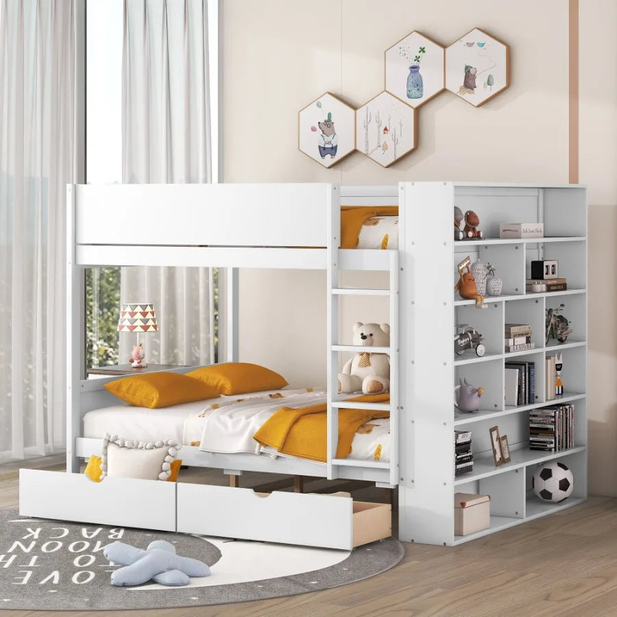 Full over Full Bunk Bed With 2 Drawers and Multi-layer Cabinet White
