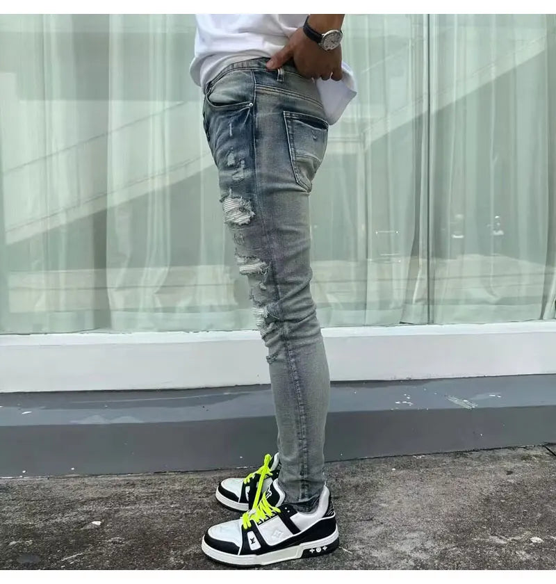 European and American designers fashion new men's jeans stretch slim fit retro light blue patchwork white patch jeans high stree