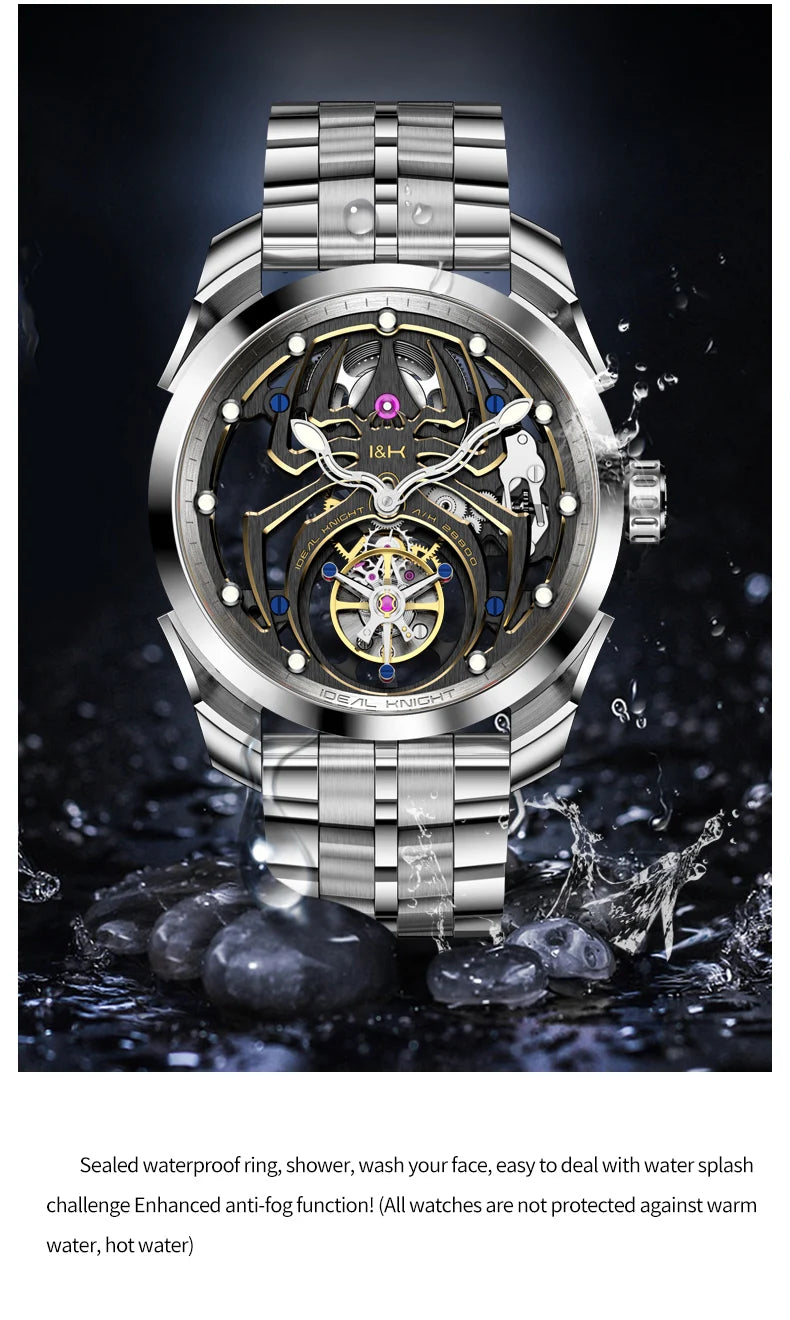 Ideal Knight Automatic Mechanical Watch for Men Hollow out Spider Design   Flywheel Movement Sapphire Mirror Men's Watches