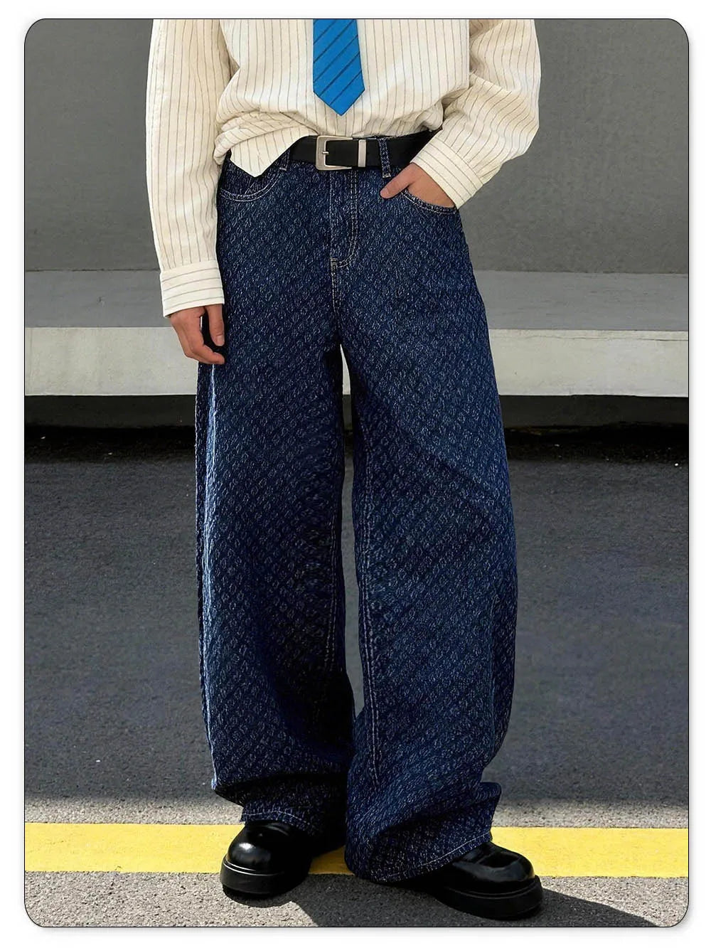 LIYS Trendy Japanese-Korean Jacquard Blue Baggy Straight Leg Jeans American Retro Daily Casual  Wide-leg Denim Pants Unisex