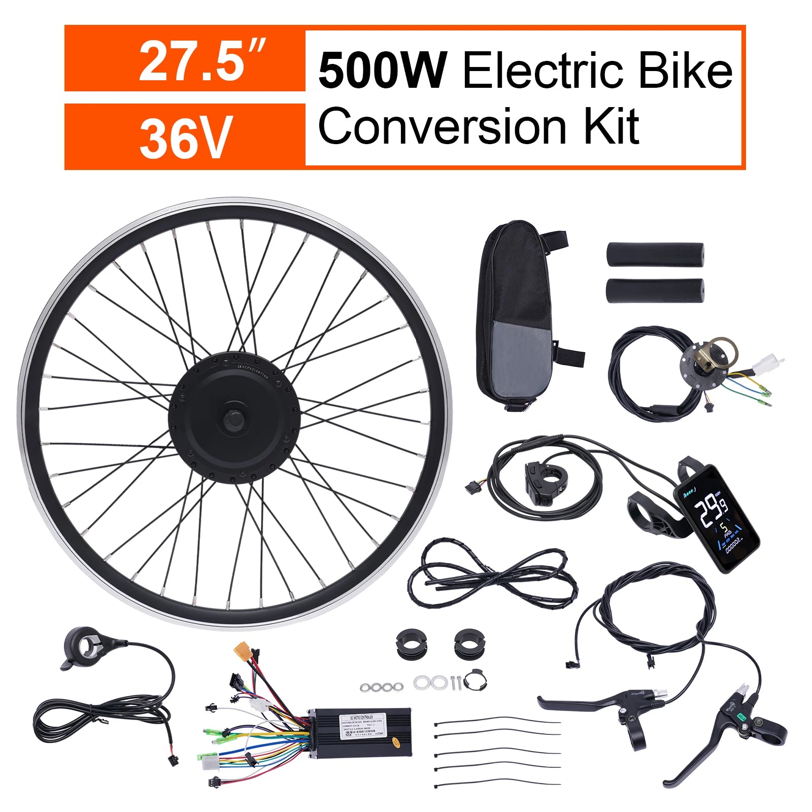 36V 500W Electric Bike Conversion Kit with LCD Display PAS Brake Levers Complete E-Bike Kit for 27.5"/700C Front Wheel
