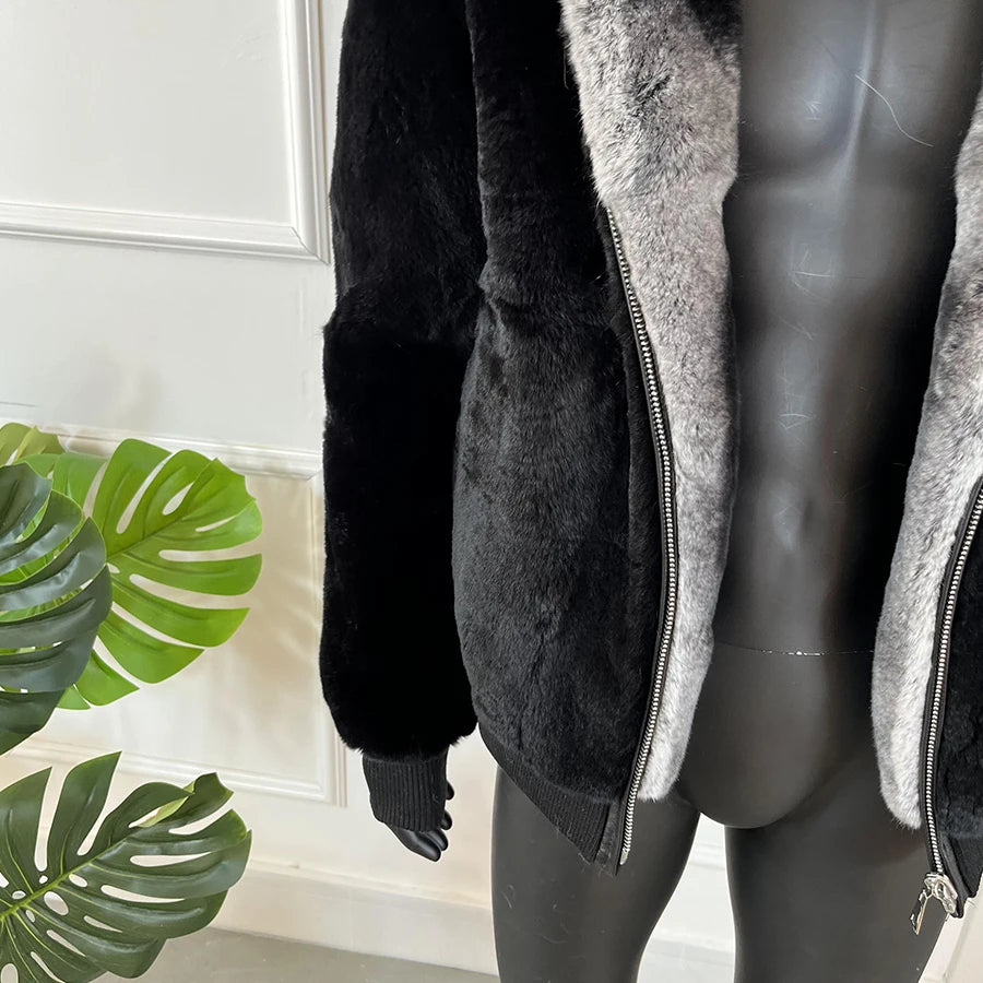 Men Rabbit Fur Coat Winter Short Real Rex Rabbit Fur Jacket With Hood Black Fur Coats Chinchilla Fur