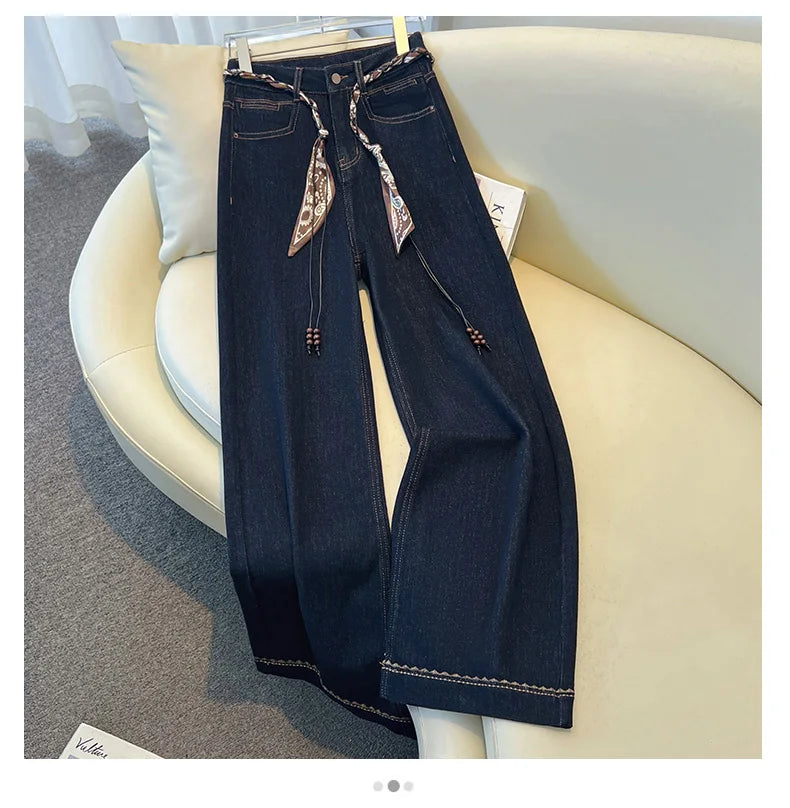2025 Autumn New Denim Blue Wide Leg Women's Jeans Super Popular Pants with Silk Scarf Belt Fashion Straight Trousers