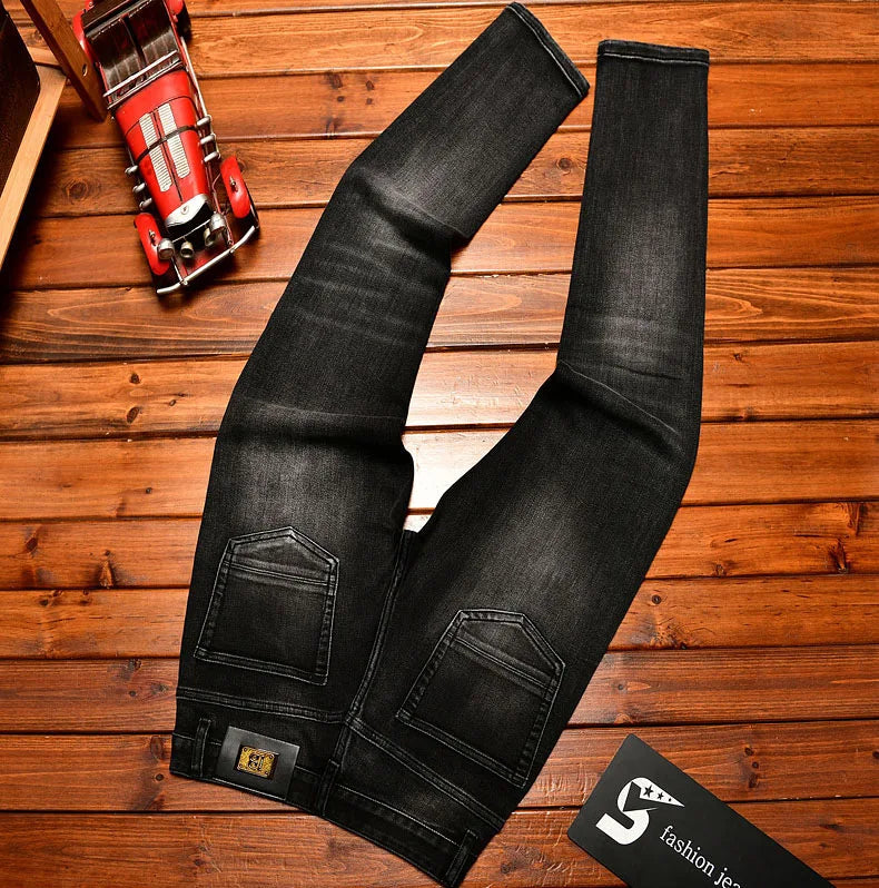 Metal Decor Design Black Jeans Men Trendy Ripped Fashion Retro Nostalgic Street Slim Fit Skinny Pants
