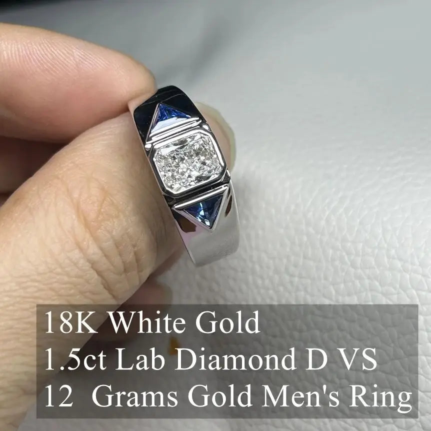 Men Ring 18K White Gold 1.5 Carats Radiant Cut D VS 12 Grams Lab Grown CVD Diamond Rings