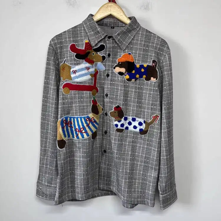 PFHQ Fashion Men's Shirt Cartoon Towel Embroidered Decoration Plaid Design Loose Personality Versatile Male Shirt Tide 21P2205