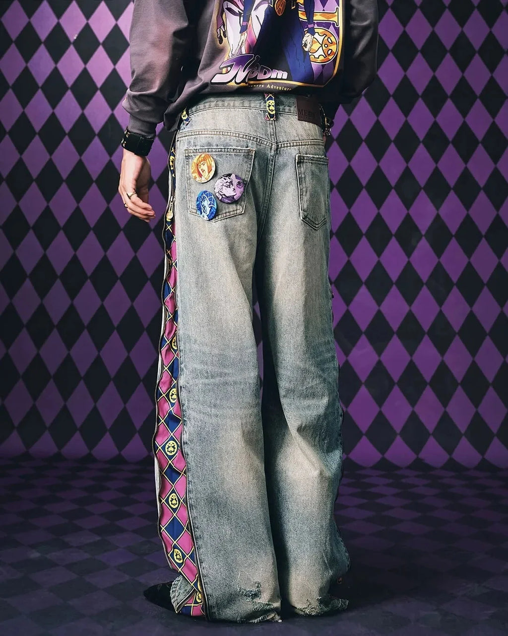 JoJo Anime Zip Off Panel Jeans Men Women High Waist Wide Leg Detachable Print Denim Pants Purple Gold Patchwork Straight Jeans