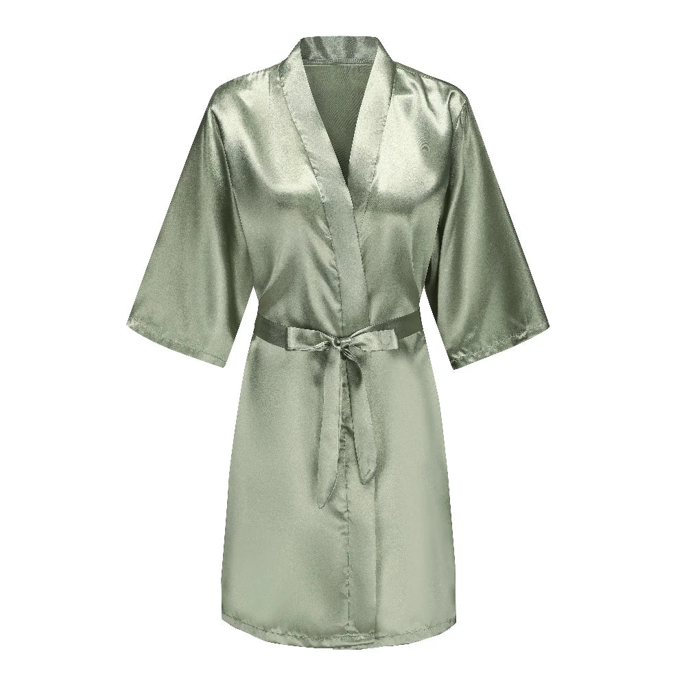Women's Satin Robe Silk Kimono Bathrobe Pure Short Sexy Sleepwear Bridesmaid Bride Party Robes Grass Green