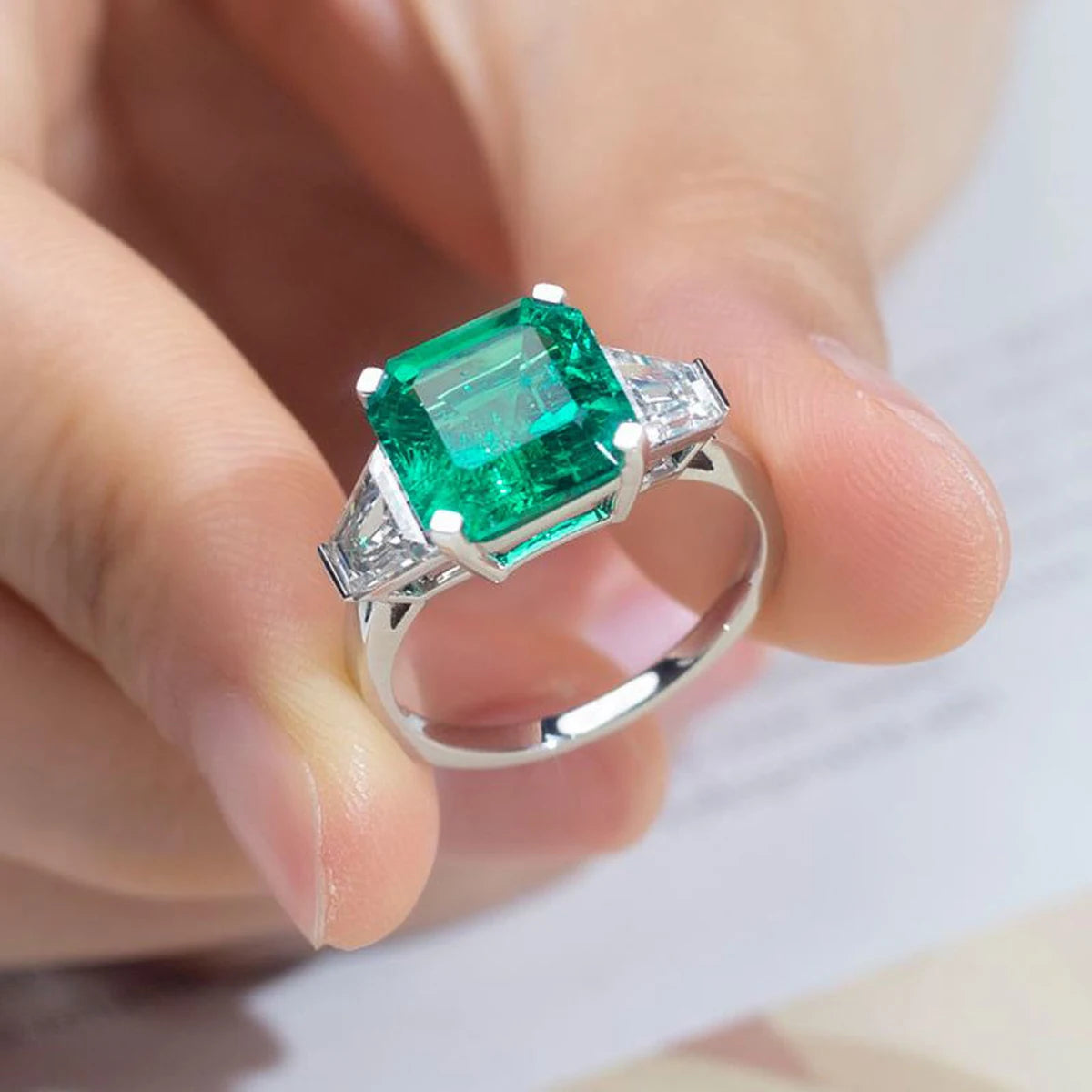 Square Emerald Cut Lab Grown Emerald Ring Three-stones 18K White Gold Lab Grown Emerald Ring Men Jewelry Gift