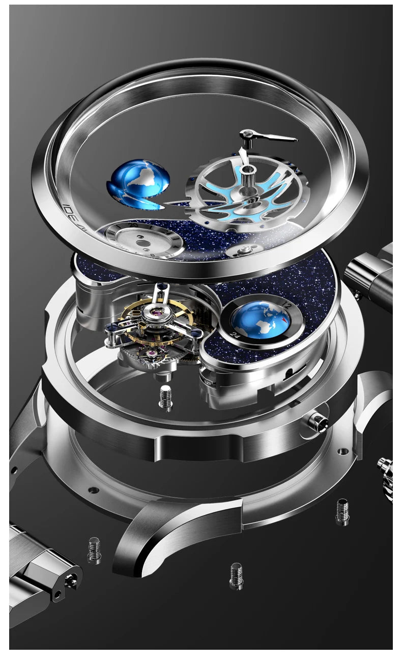 IDEAL KNIGHT Top Brand Luxruy Mens Watch Advanced Tourbillon Automatic Mechanical Watch Waterproof Luminous Dual Region Time