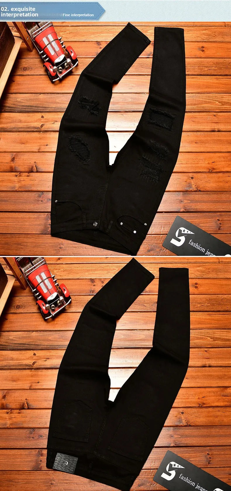High end high street ripped patch design black jeans for men in autumn, slim fit American style trendy pants with small feet