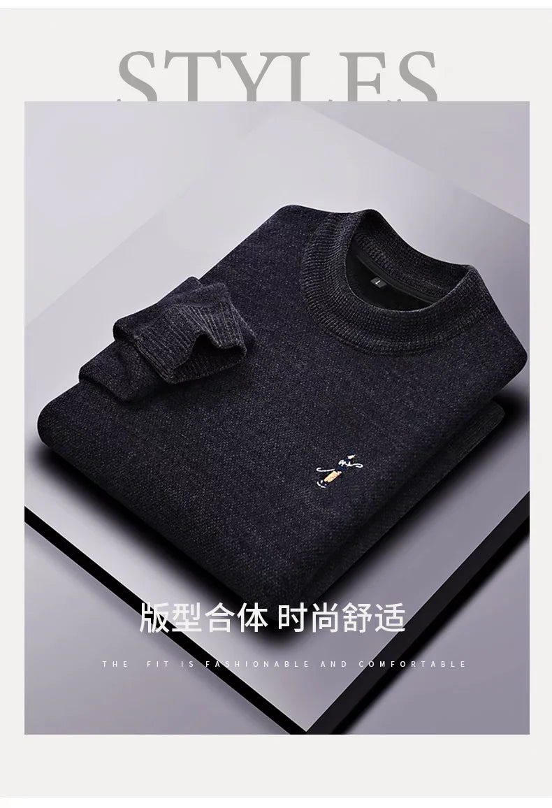 High quality men's round neck knitted sweater autumn winter new Korean style fashion cartoon embroidery thick casual pullover
