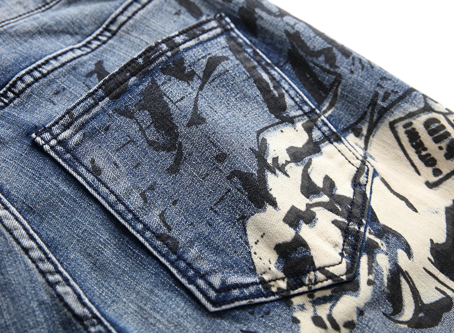 2026 Men's Blue 3D Printing Jeans, Black Wolf Pattern Printed Punk Straight Cotton Casual Print Denim Pants Asian Size 28-42
