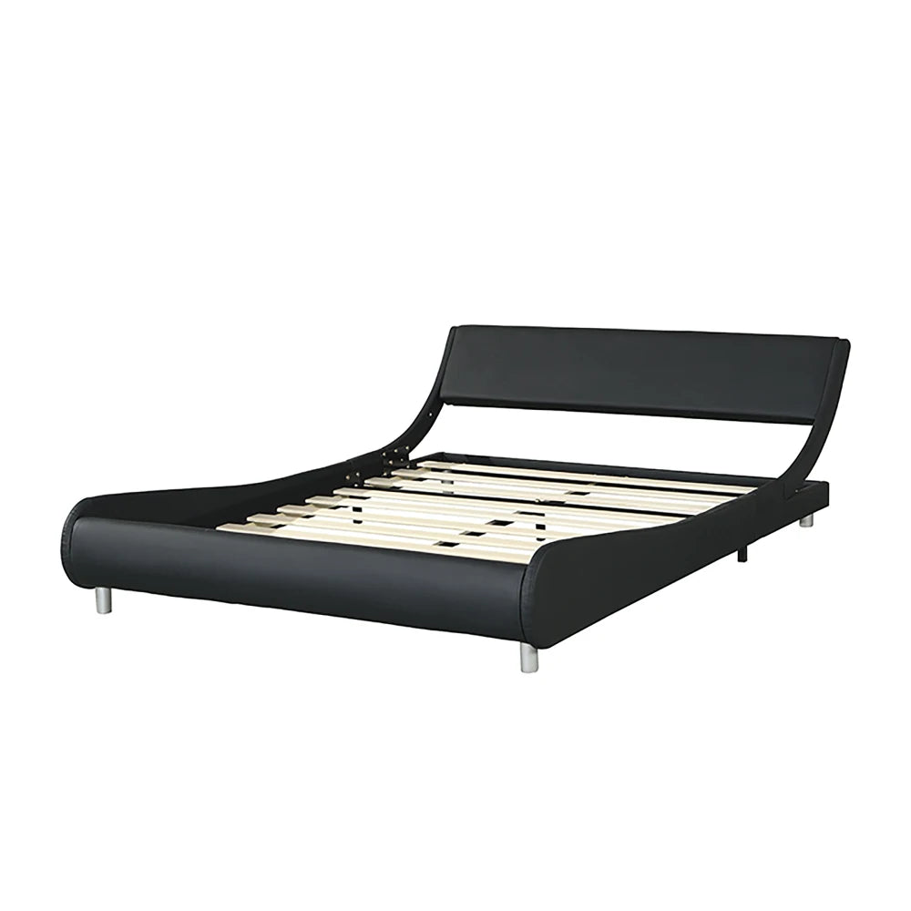 Faux Leather Bed Frame: LED (Remote+APP), Curve, Wood Slat, No Box Spring, Queen Black