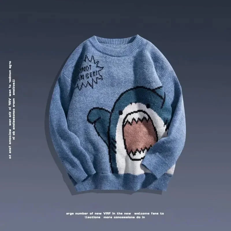 Autumn/Winter Japanese Cartoon Shark Round Neck Couple Sweater Men's Trendy Brand Loose-Fit Korean Knitted Top Hong Kong Style