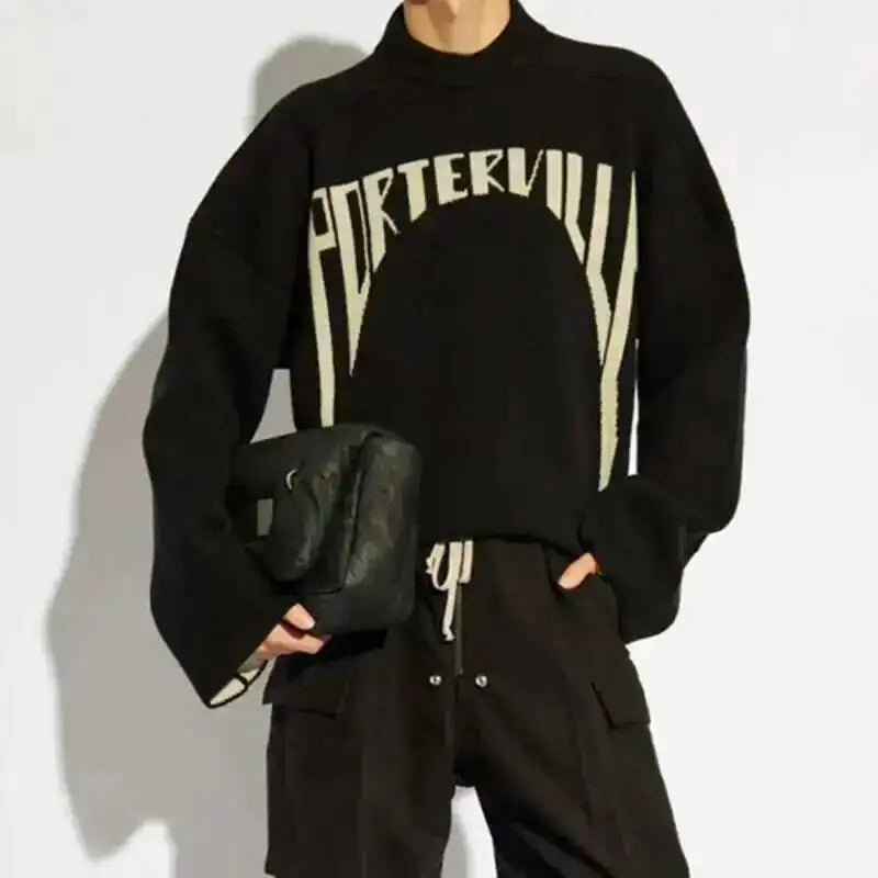 HKSH Spring Autumn Winter Men's Tide RO Heavy Niche O-Neck Letter Jacquard Knitted Pullover Silhouette Loose Dark Sweater HK3476