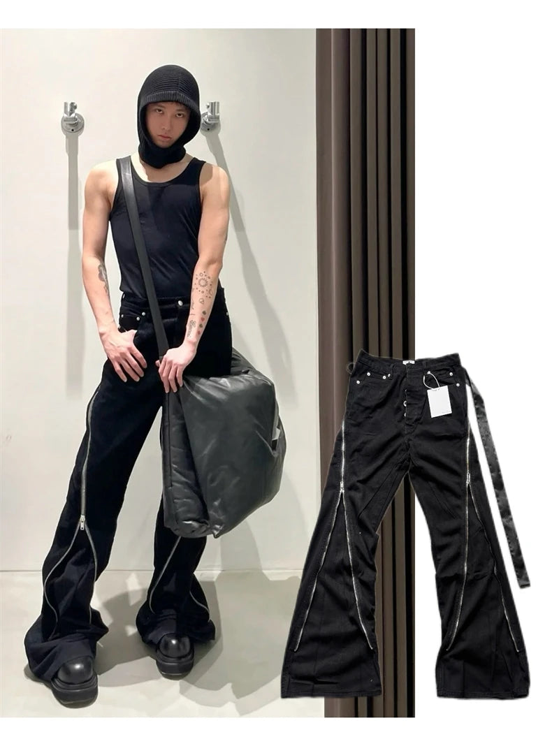 High Street RO Style Jeans Pants Men's Five Star Mang Ribbon Rotating Large Zipper Floor Pulling Horn Denim Streetwear Pants