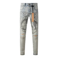 Men's High Street KSUBI Distressed Faded Blue Stretch Skinny Pattern Printing High Quality Button Fly Ripped Jeans Pants