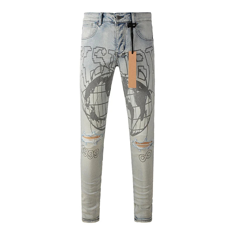Men's High Street KSUBI Distressed Faded Blue Stretch Skinny Pattern Printing High Quality Button Fly Ripped Jeans Pants