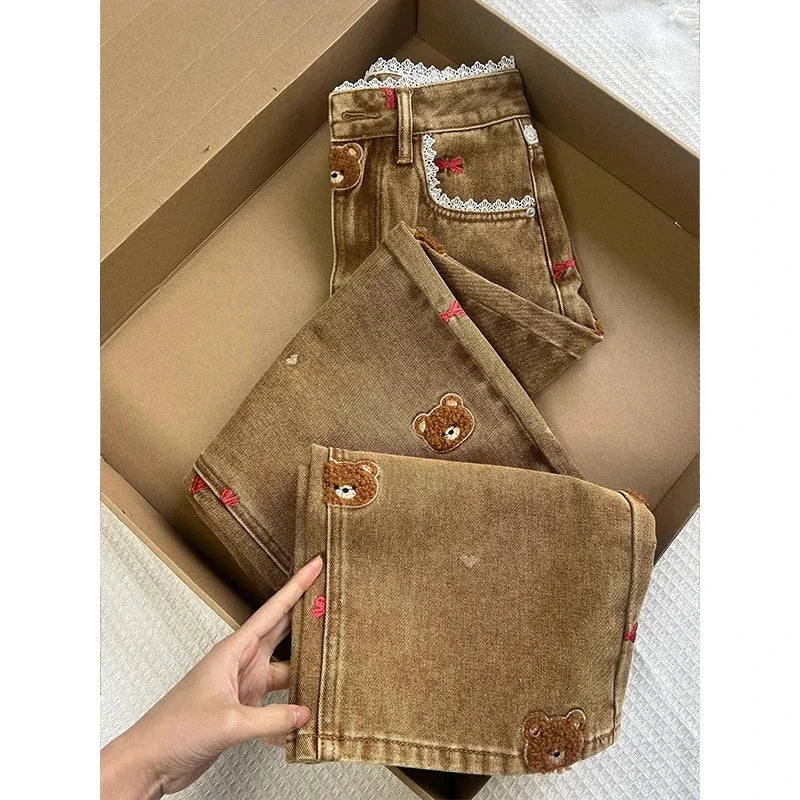Lace Teddy Bear Embroidered Patchwork Design Wide leg Jeans 2025 Spring New High Waisted fit Slimming Casual Jeans for Commuting