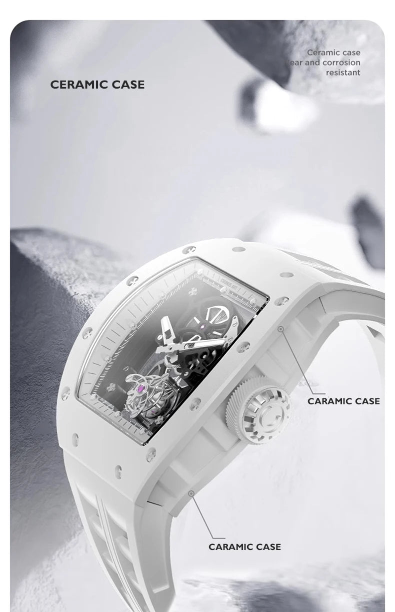 CRONUSART Men Tourbillon Watch Tonneau Mechanical Wristwatch 5Bar Ceramic Case Luminous Fluororubber Strap Sapphire Mirror