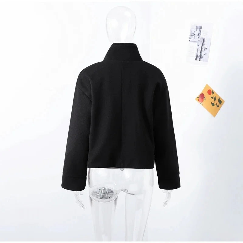 Urban Black Woolen Blend Coats Women Stand Collar Single-breasted Long Sleeve Thick Warm Jacket 2025 Autumn Winter Lady Outwear