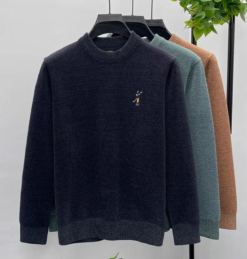 High quality men's round neck knitted sweater autumn winter new Korean style fashion cartoon embroidery thick casual pullover