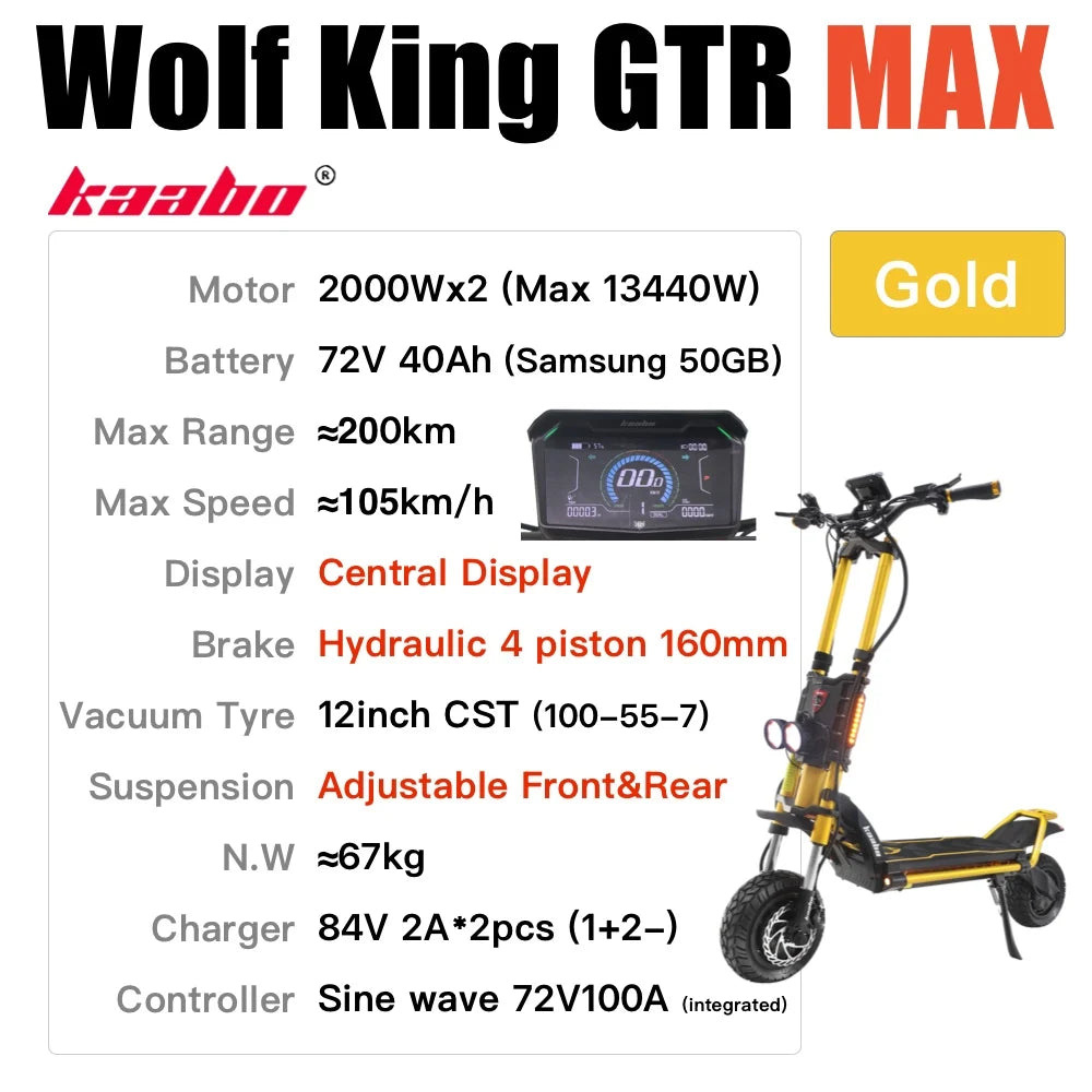 KB Wolf King GTR Max Electric Scooter 2000W*2 Motor 72V 40Ah Battery 2in1 FOC Controller Central Display 12inch Vacuum CST Tire