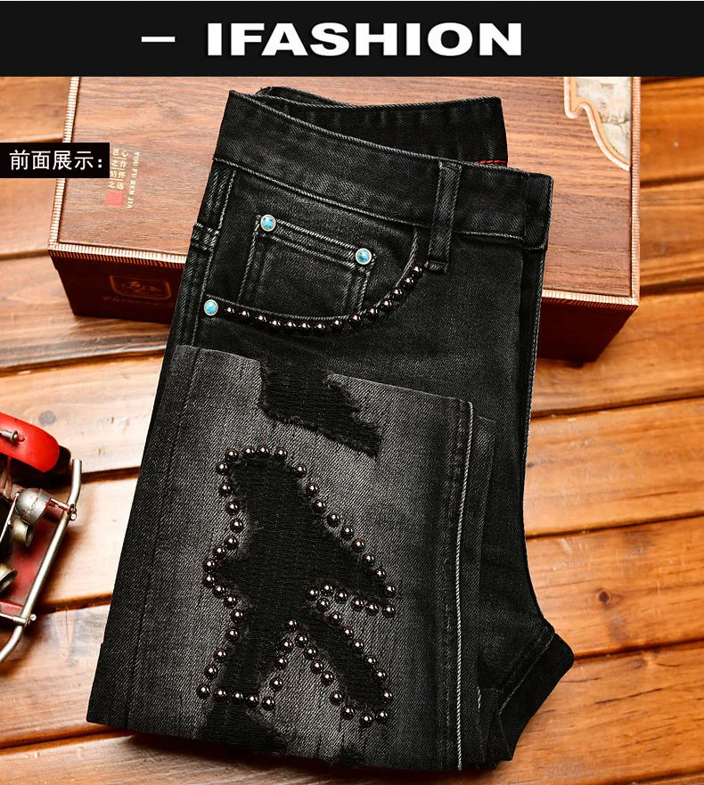 Metal Decor Design Black Jeans Men Trendy Ripped Fashion Retro Nostalgic Street Slim Fit Skinny Pants