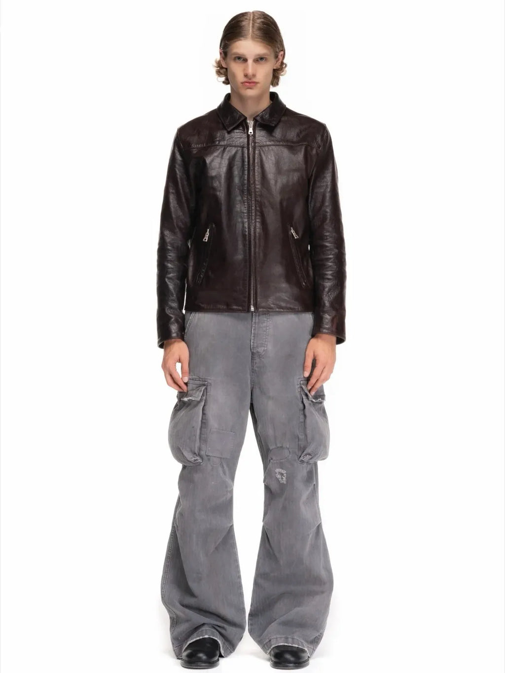 No faith studios herringbone twill grey ripped patch paint multi-pocket overalls
