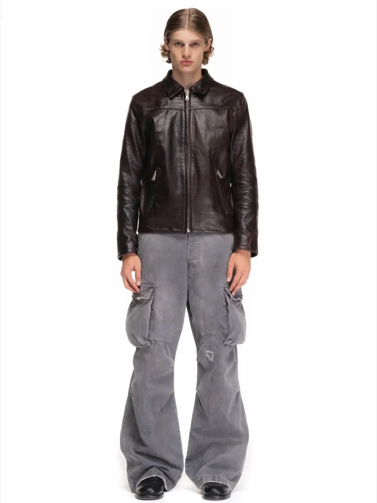 No faith studios herringbone twill grey ripped patch paint multi-pocket overalls