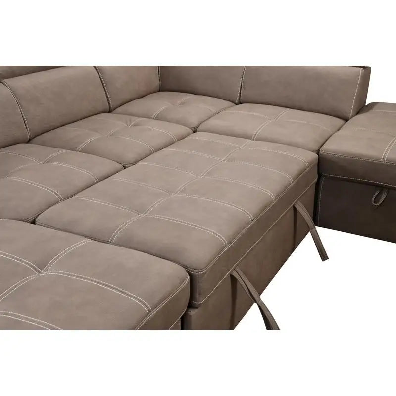 U-Shaped 128" Reversible Sectional Sofa Set with Ottoman, 7-Seater Modular Couch with Storage, Adjustable Headrest, Brown