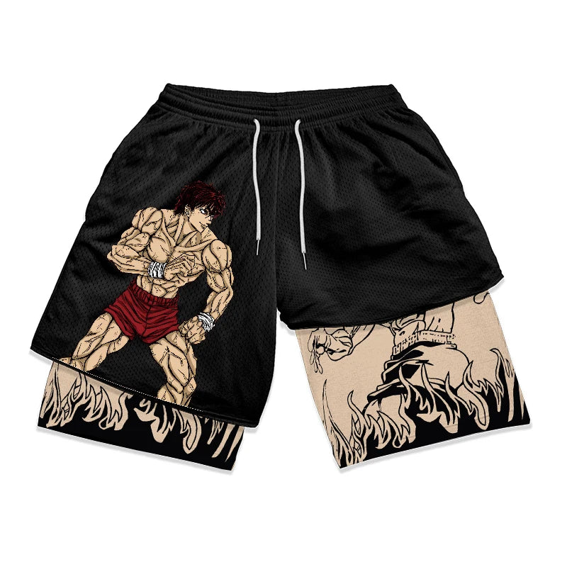 Anime Baki Hanma Gym Workout Shorts for Men Athletic Quick Dry 2 in 1 Compression Shorts Cosplay Costume
