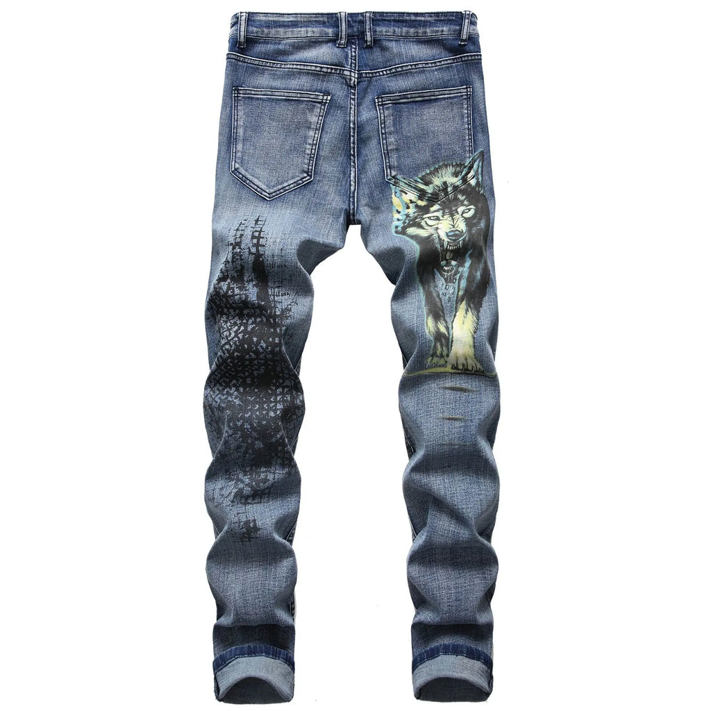 2026 Men's Blue 3D Printing Jeans, Black Wolf Pattern Printed Punk Straight Cotton Casual Print Denim Pants Asian Size 28-42