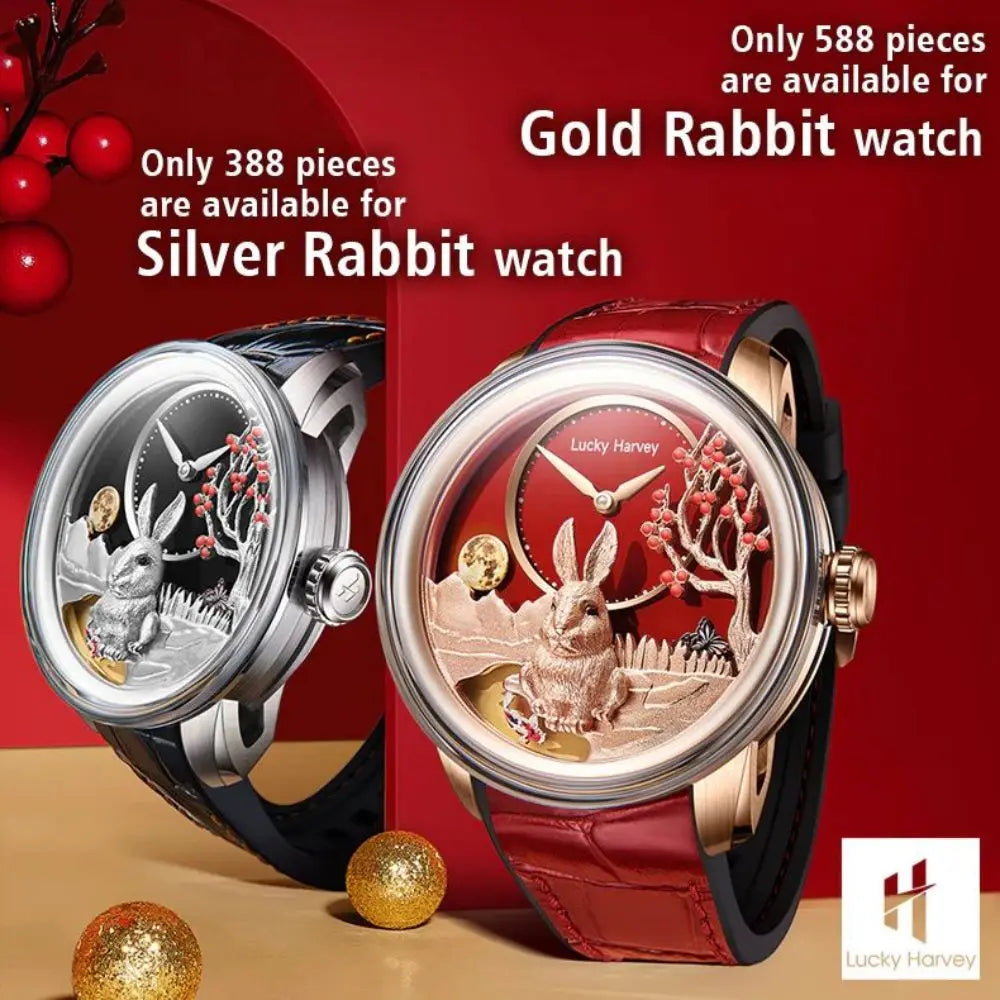 Lucky Harvey Limited Edition Automatic Mechanical Watches for Men Cute 3D Rabbit Dial Synthetic Sapphire Waterproof Wrist Watch
