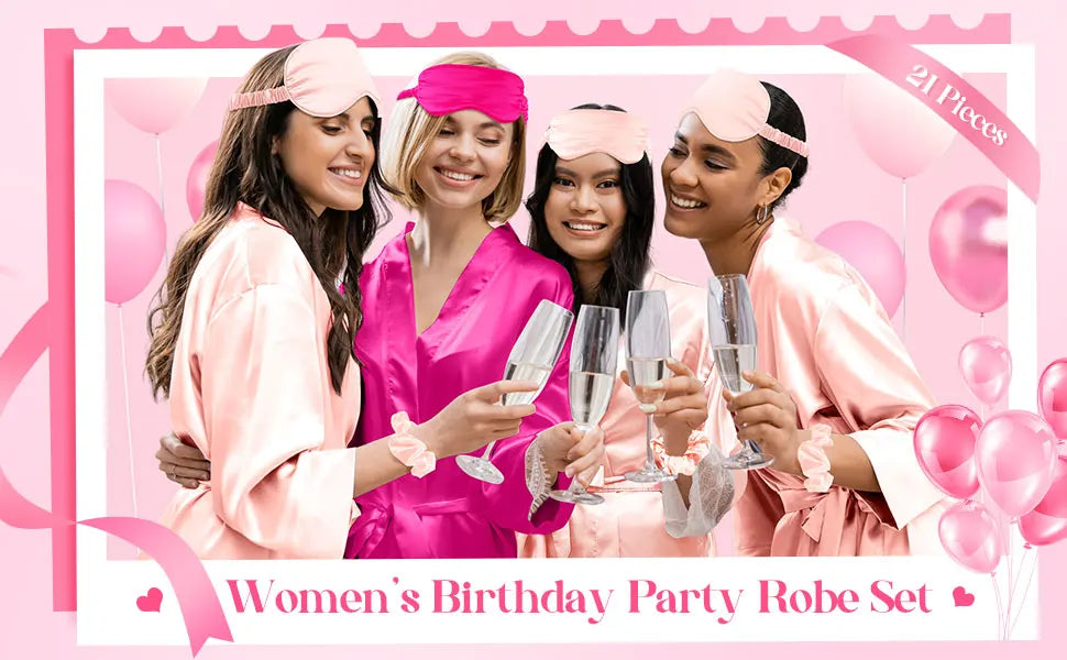 21 Pcs Women Birthday Party Robe Set Queen Squad Kimono Satin Bathrobes with Eye Mask and Scrunchie for Birthday
