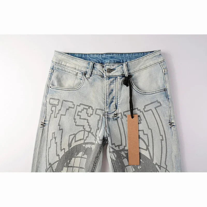 Men's High Street KSUBI Distressed Faded Blue Stretch Skinny Pattern Printing High Quality Button Fly Ripped Jeans Pants