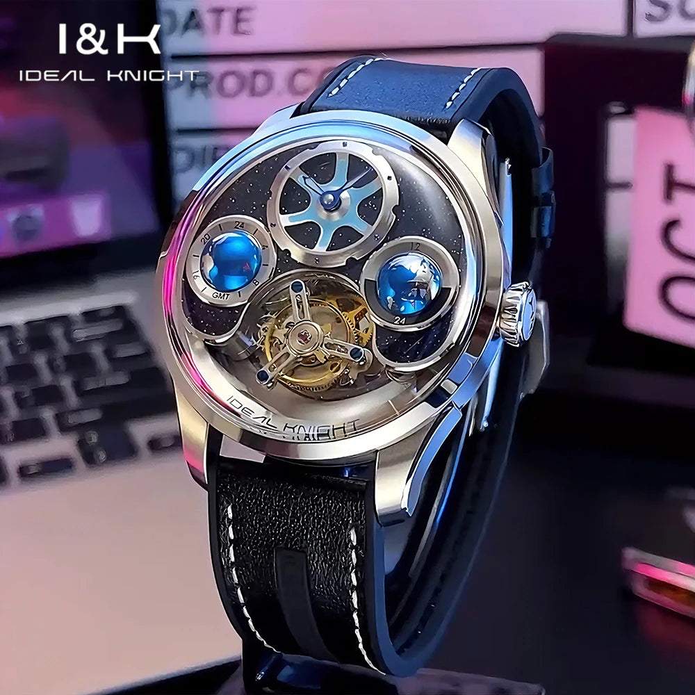 IDEAL KNIGHT Men's Watches Top Brand Luxury Manual Tourbillon Blue Earth Mechanical Wristwatch Waterproof Luminous Sapphire 6808