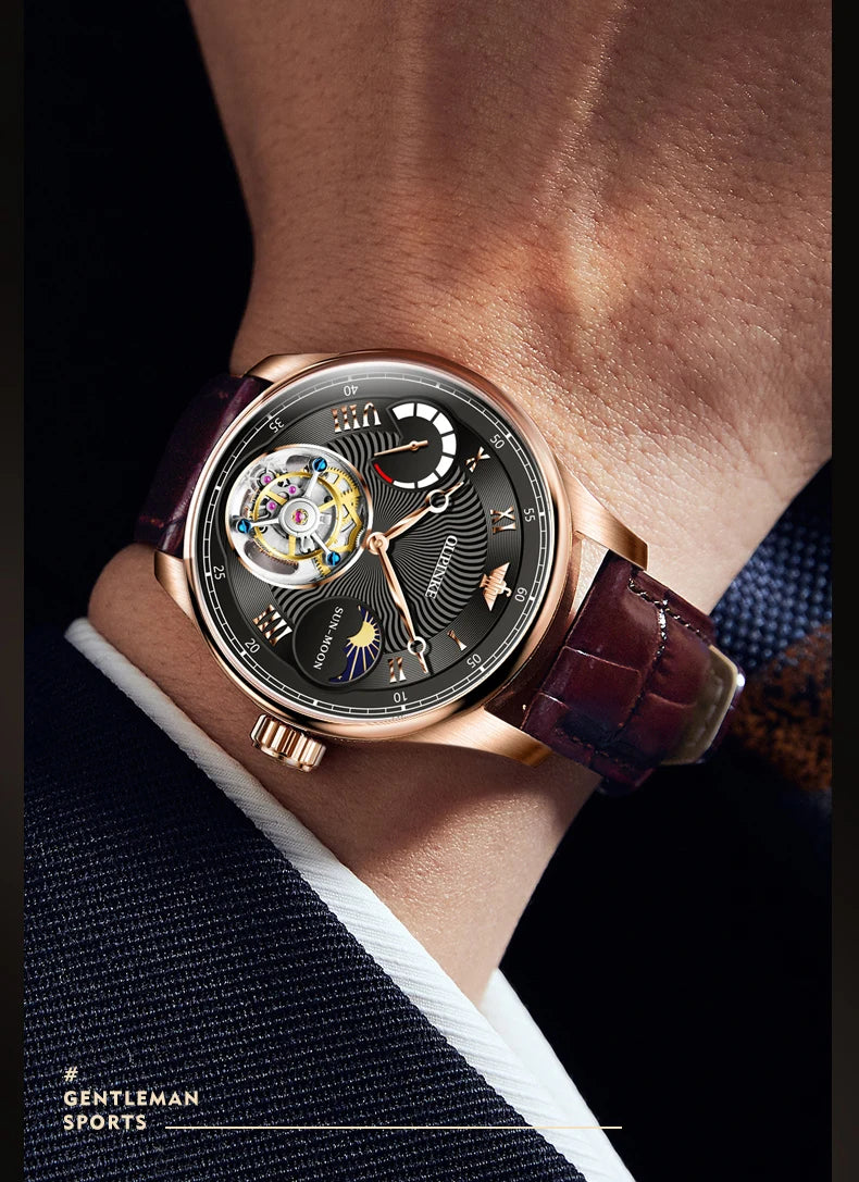 OUPINKE Men's Watch Top Luxury Fashion Original Tourbillon Mechanical Watch for Man Leather Strap Sapphire Mirror Moon Phase
