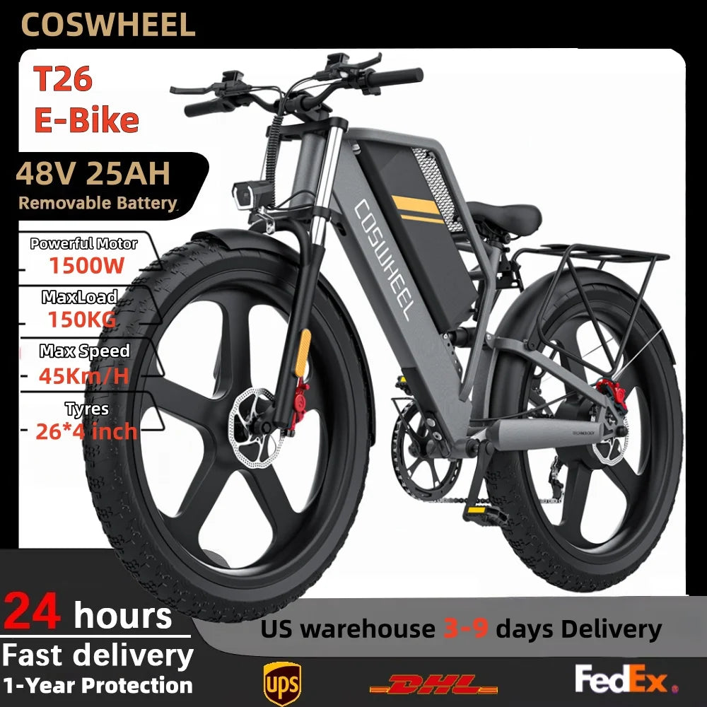 COSWHEEL T26 Electric Bicycle 1500W Ebike Powerful motor 48V25AH lithium battery adult Electric Bike 26*4 Inch Fat Tire E-bike