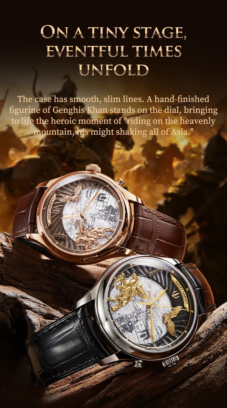 Lucky Harvey 3D Hero Genghis Khan Chiming Watches Guilloché Relief Dial Motion Movement Limited Automatic Mechanical Wristwatch