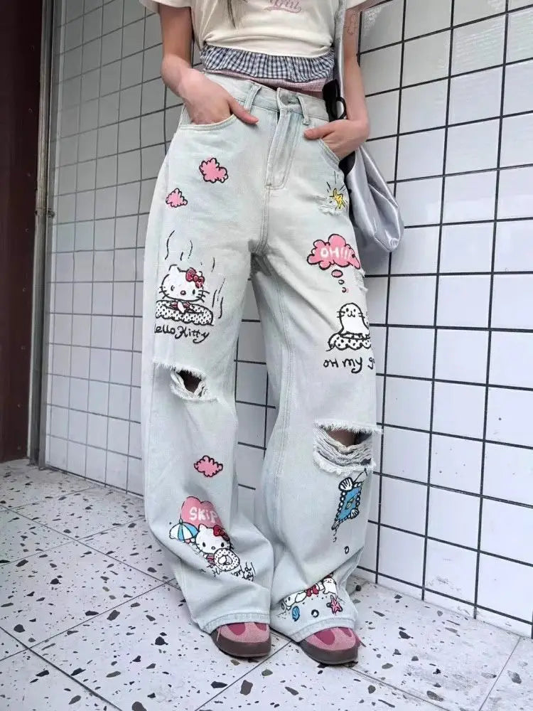 Kawaii Jeans Hello Kittys Ripped Wide-Leg Pants Cute Fashion Straight New Style Loose Comfortable Breathable Cartoon