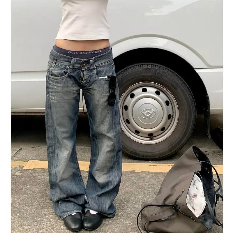 2025 Autumn Women's Blue Y2k Baggy Jeans Harajuku Japanese 2000s Style Denim Trousers American Vintage Jean Pants Trashy Clothes