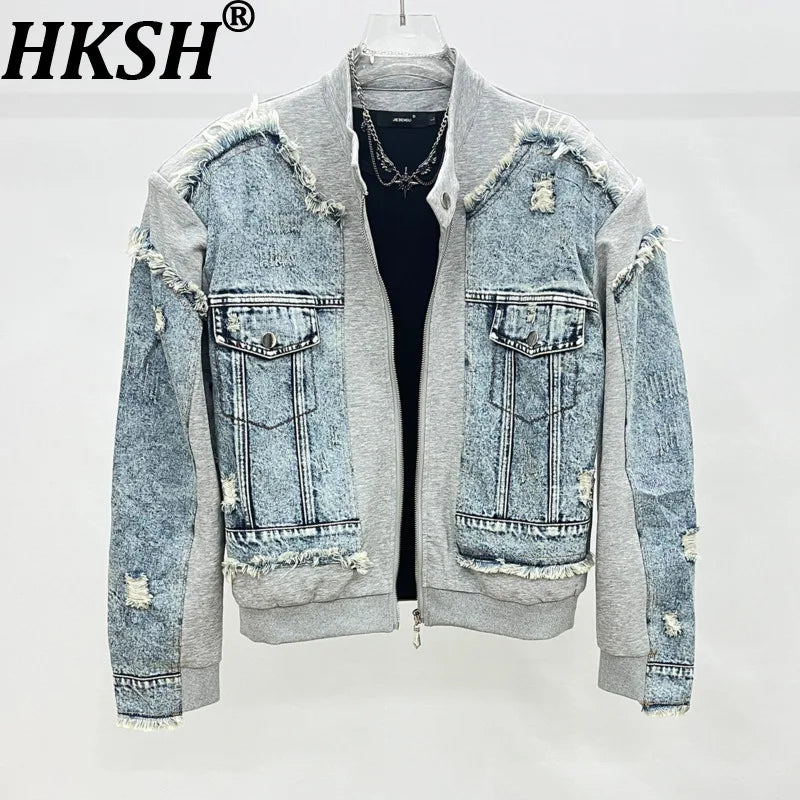 HKSH Spring Autumn New Men Trend Ripped Frayed Denim Patchwork Jacket Elastic Waist Wide-Leg Pants Fashion Two-Piece Set HK16899