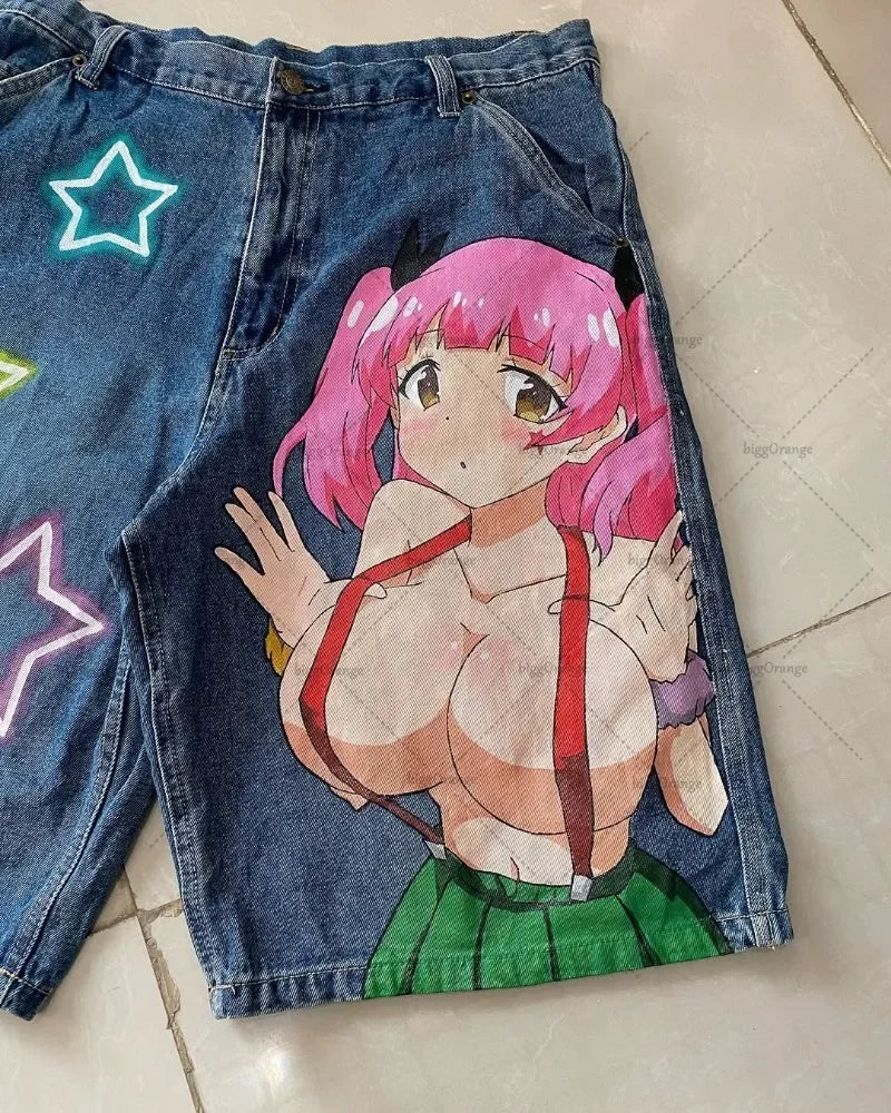 Retro American Trendy Streetwear Y2K Harajuku Anime Printed Denim Shorts Men Gothic Hip-hop Punk Loose Casual Straight Pants