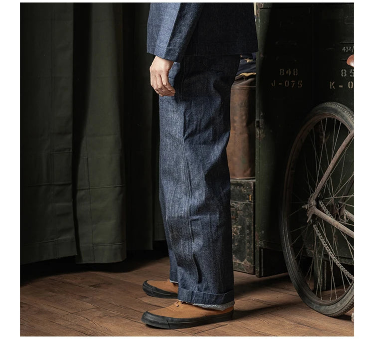 Rugged Bronson Workwear Pants Bronson USN Dungaree Clamp Denim Wide Leg Straight Cut Jeans Original Color Unisex Long Trousers
